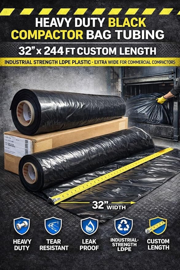 Black Compactor Bag Tubing – 32 in x 244 ft, Heavy Duty – Prestige Plastics