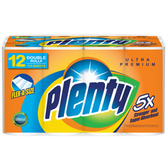 Plenty Flex-a-Size Paper Towels, 2-Ply, White, 110 Sheets/Roll, 12 Rolls/Pack